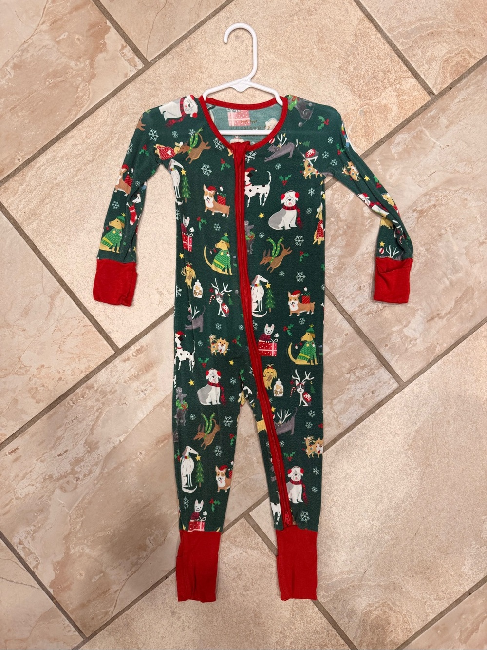 Little Sleepies Green Holiday Dog Print Footed Pajamas with Red Trim